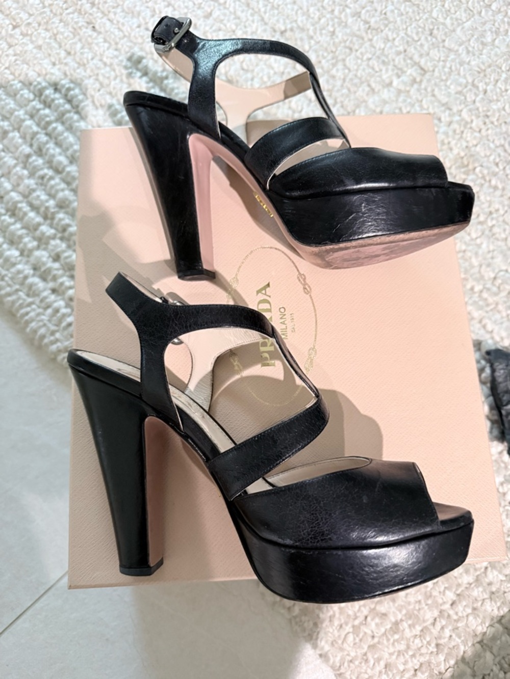 Prada Black Leather Crisscross Slingback Heels